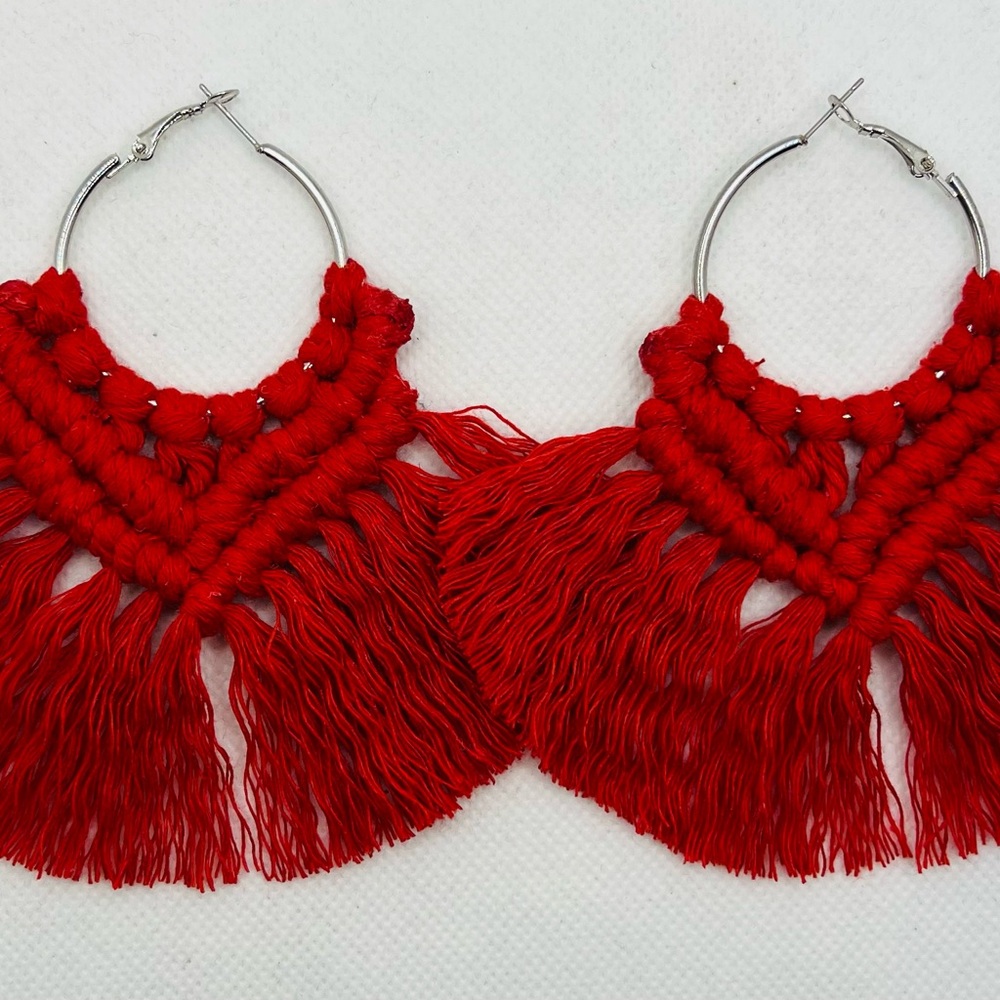 Vibrant Red Fringe Hoop Earrings